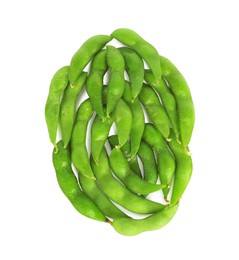 Photo of Raw green edamame pods isolated on white, top view