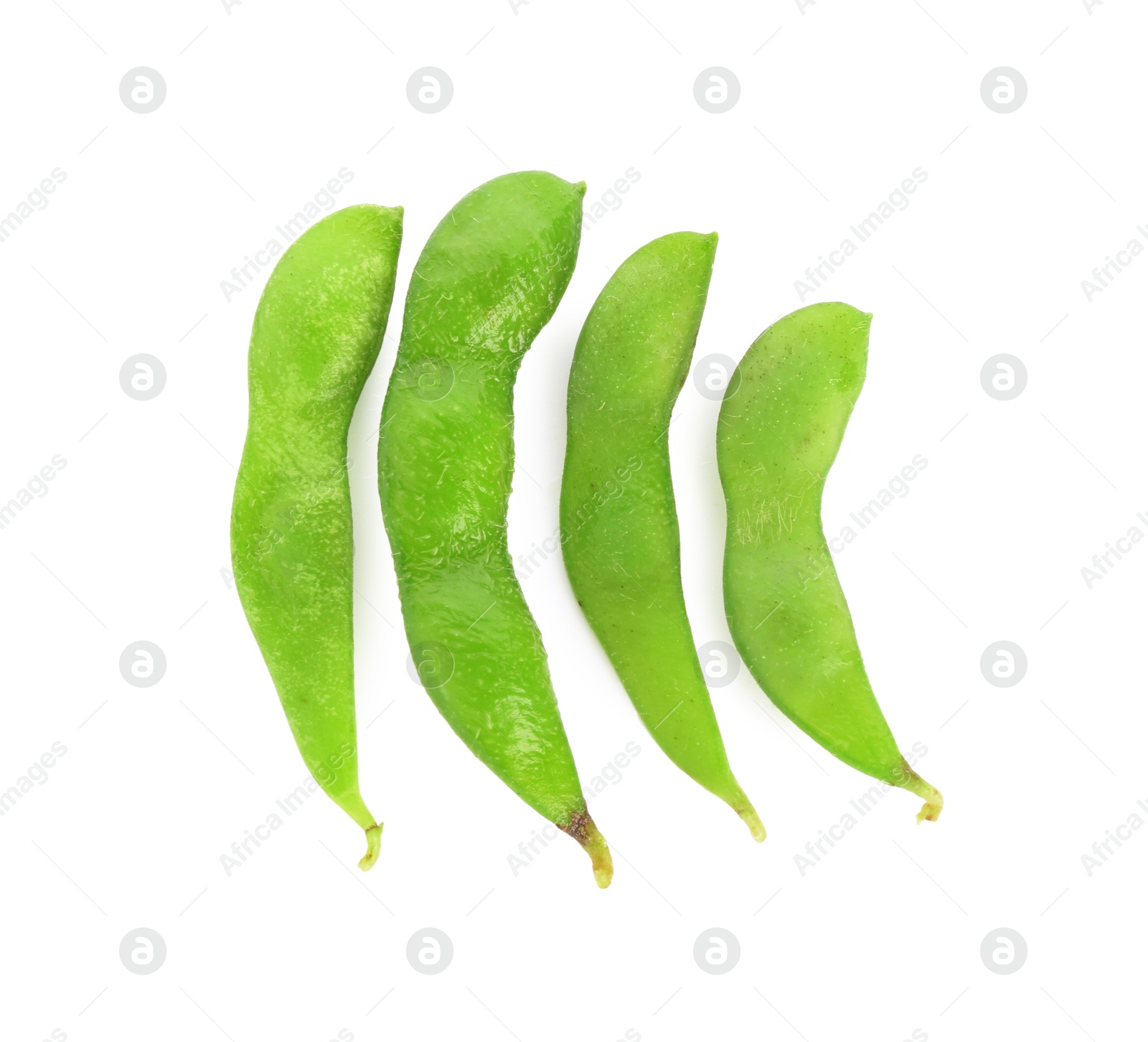 Photo of Raw green edamame pods isolated on white, top view