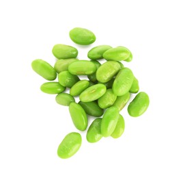 Photo of Raw green edamame soybeans isolated on white, top view