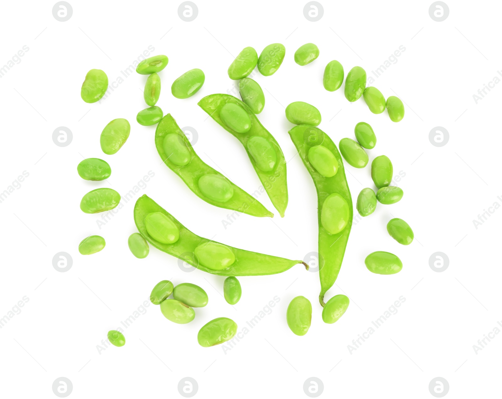 Photo of Raw green edamame pods with soybeans isolated on white, top view