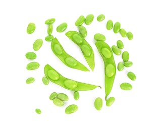 Photo of Raw green edamame pods with soybeans isolated on white, top view