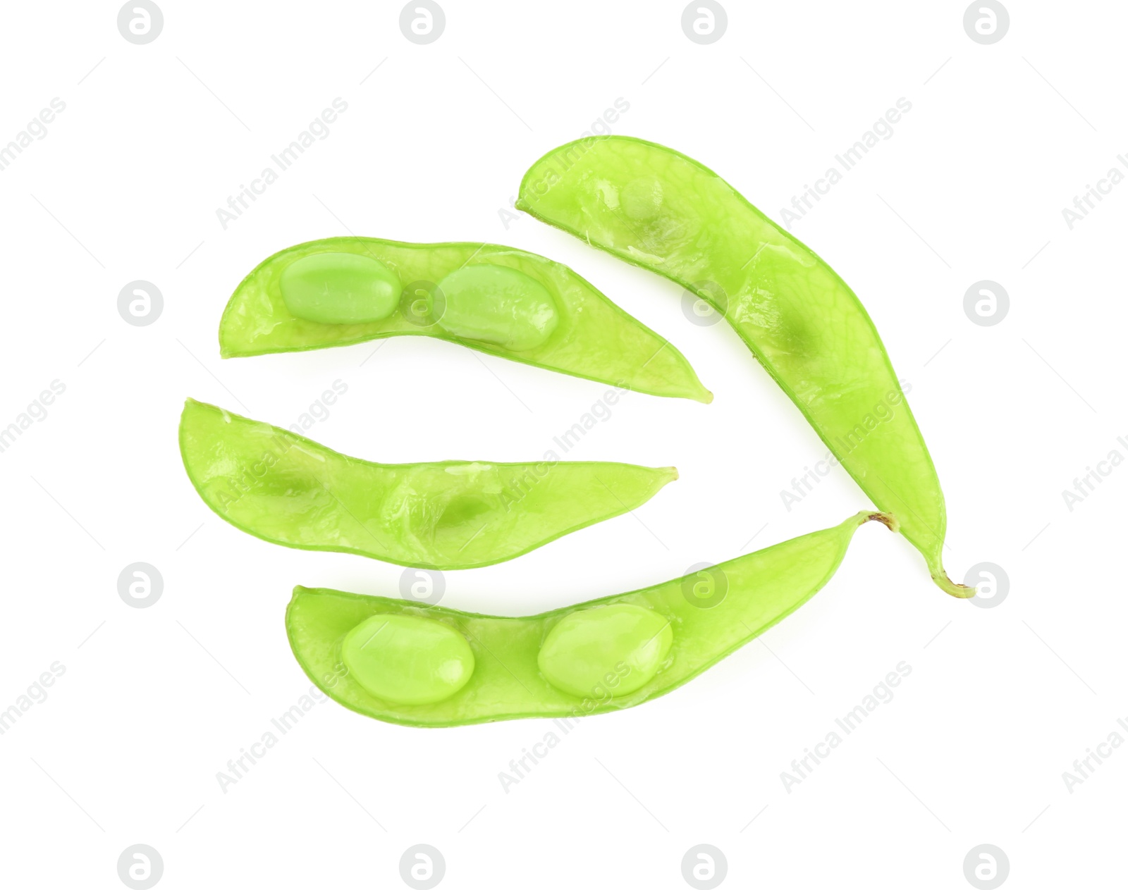 Photo of Raw green edamame pods with soybeans isolated on white, top view