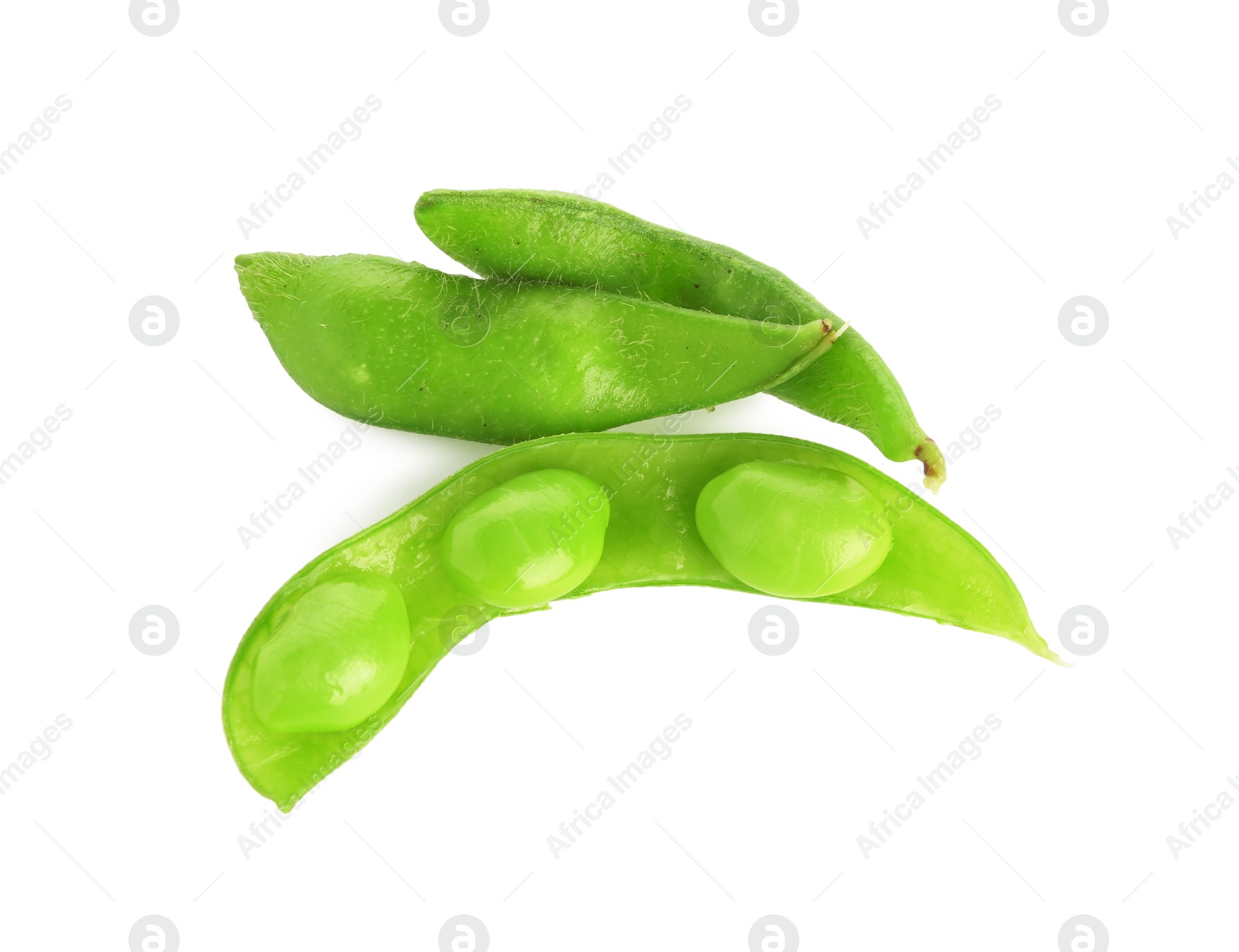 Photo of Raw green edamame pods with soybeans isolated on white, top view