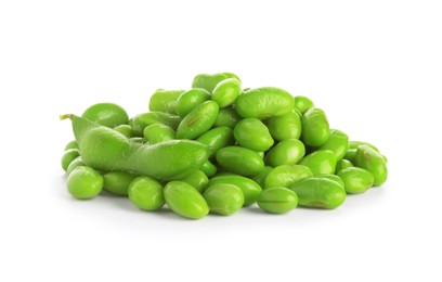 Photo of Raw green edamame soybeans and pod isolated on white