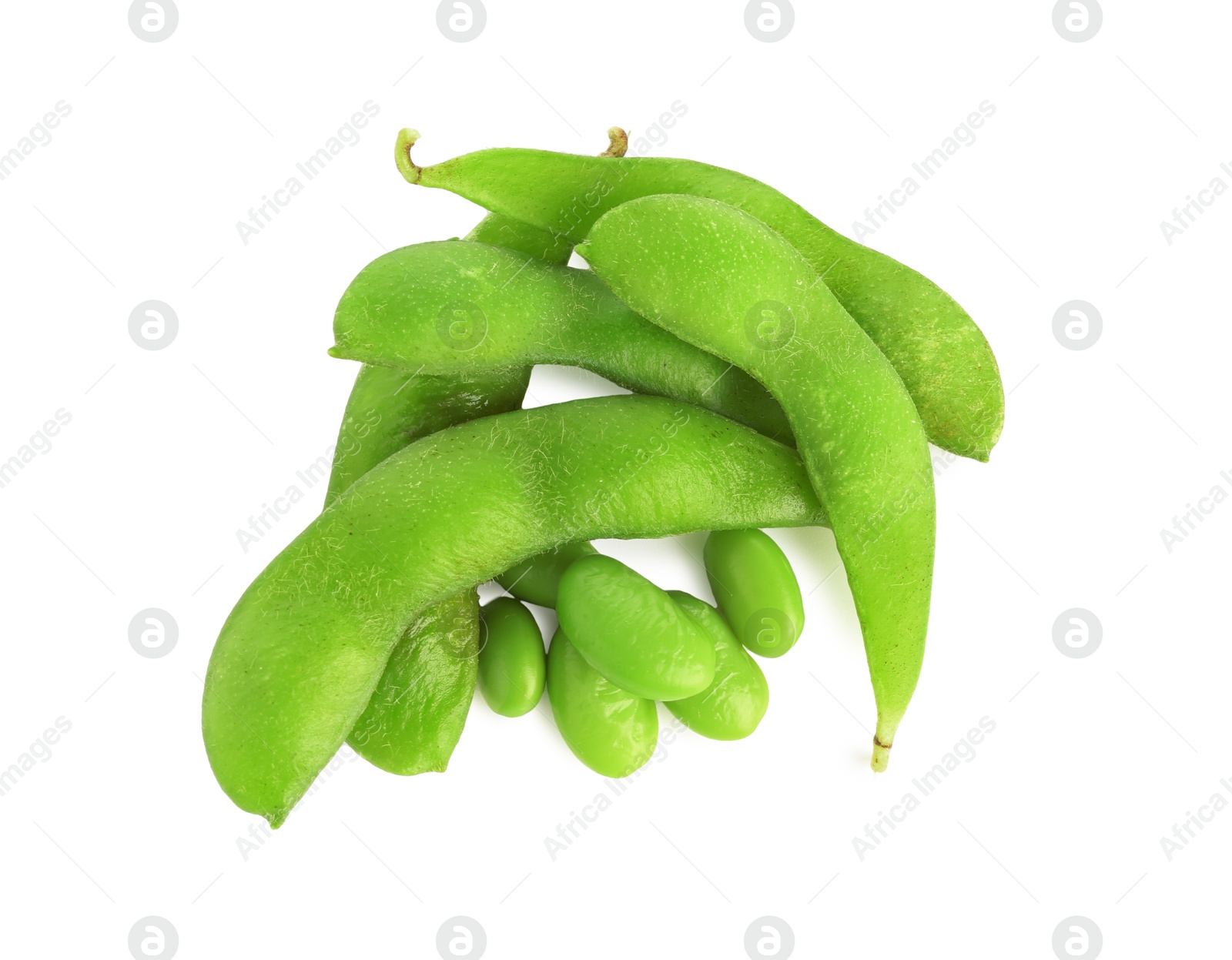 Photo of Raw green edamame soybeans and pods isolated on white, top view