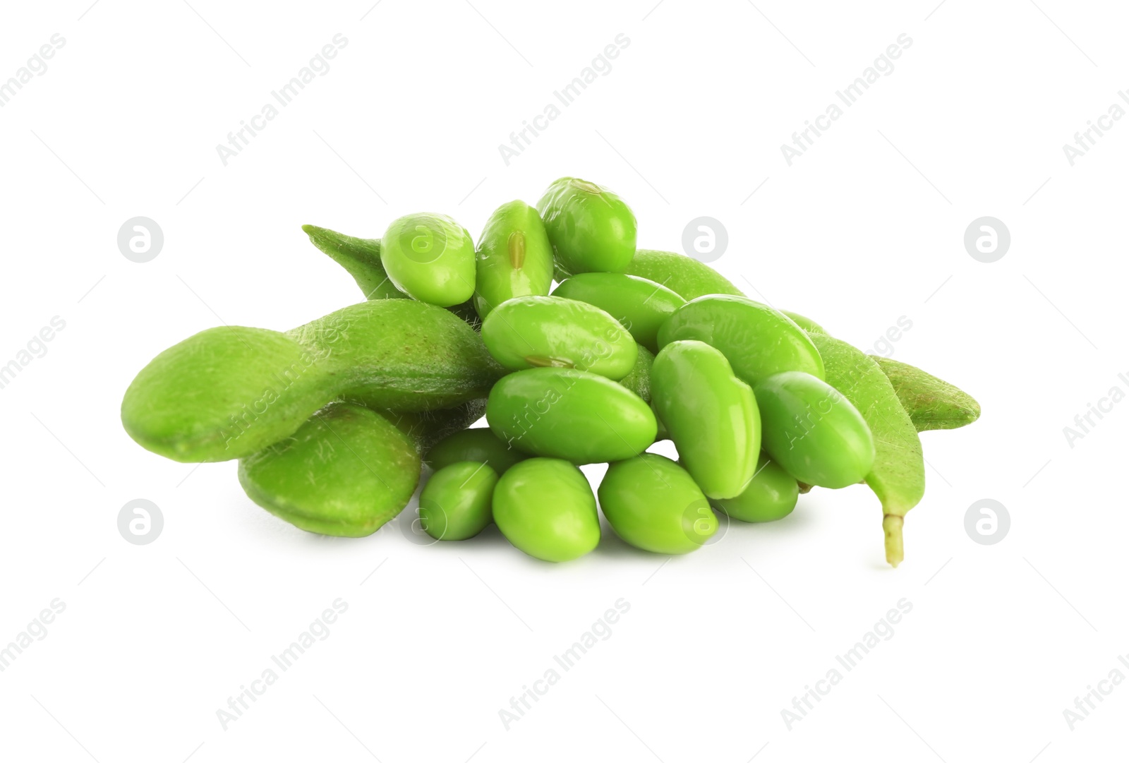 Photo of Raw green edamame soybeans and pods isolated on white