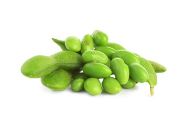 Photo of Raw green edamame soybeans and pods isolated on white