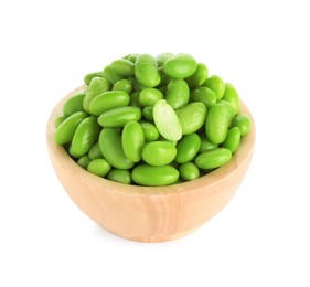 Photo of Raw green edamame soybeans in bowl isolated on white