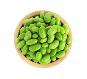 Photo of Raw green edamame soybeans in bowl isolated on white, top view