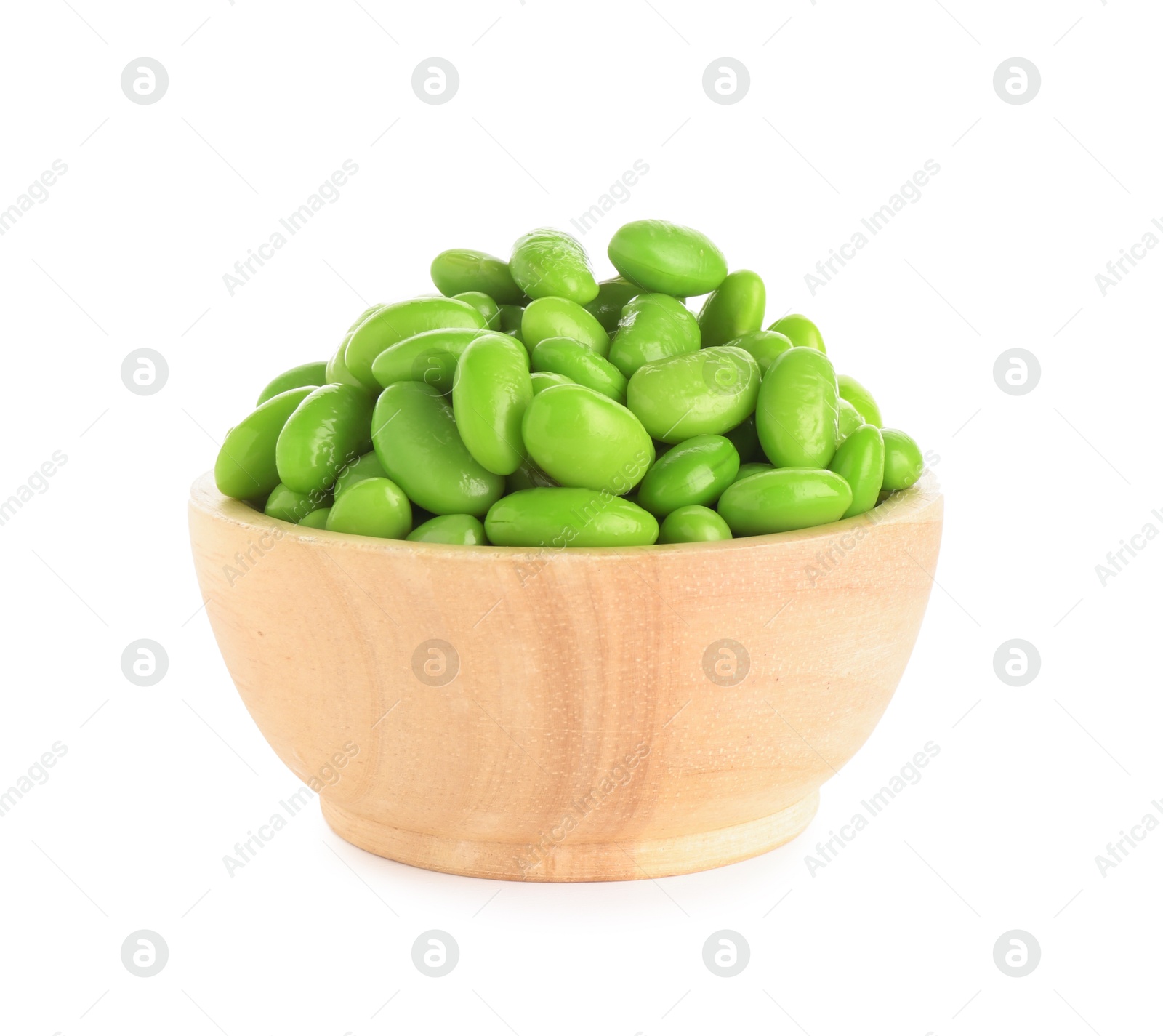 Photo of Raw green edamame soybeans in bowl isolated on white