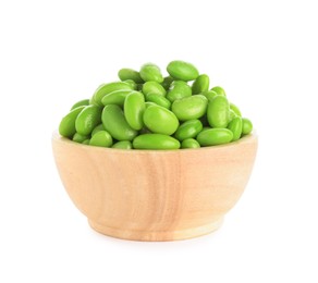 Photo of Raw green edamame soybeans in bowl isolated on white