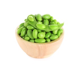 Raw green edamame soybeans and pod isolated on white