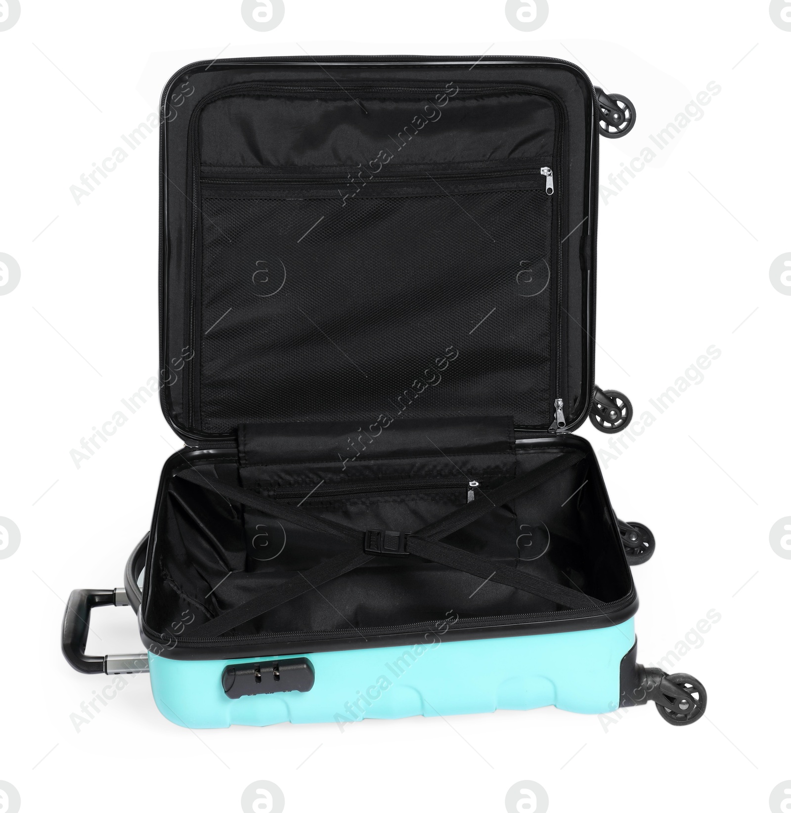 Photo of Open empty suitcase for travelling isolated on white