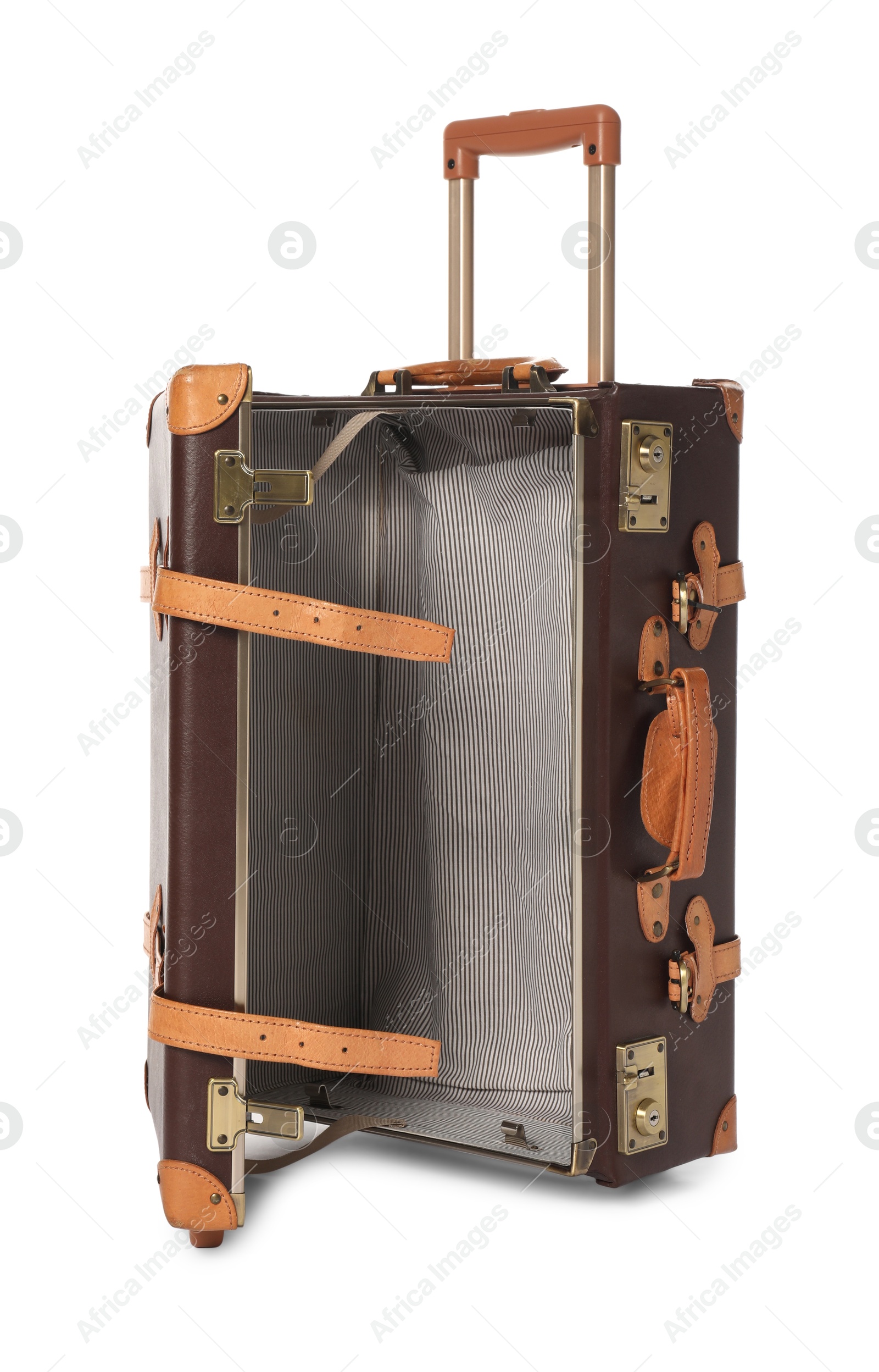 Photo of Open empty suitcase for travelling isolated on white