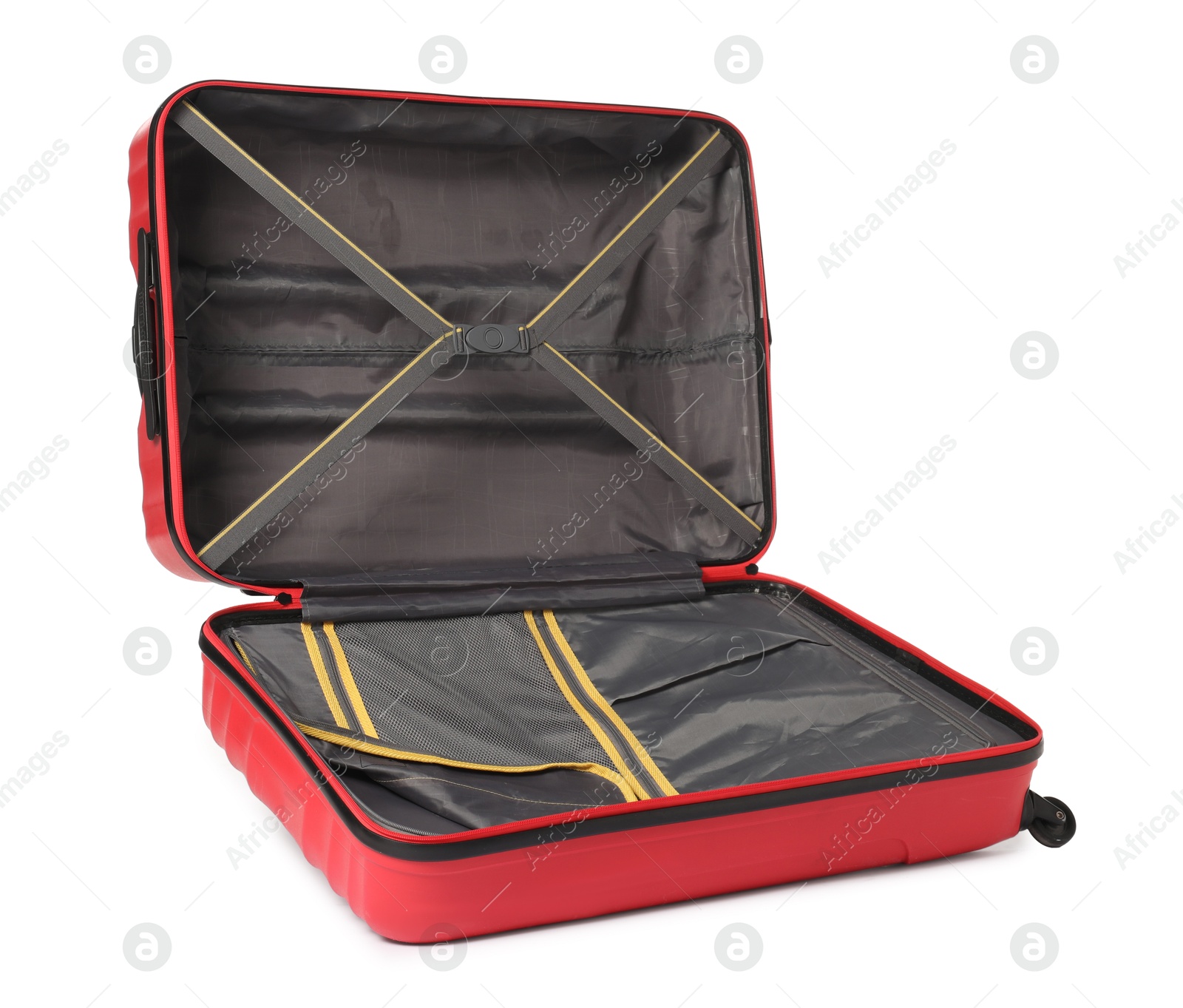 Photo of Open empty suitcase for travelling isolated on white