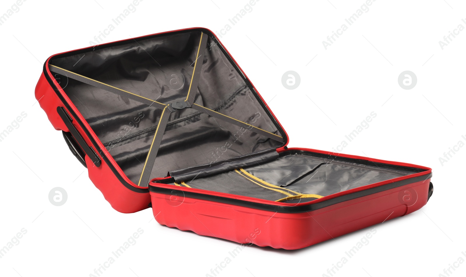 Photo of Open empty suitcase for travelling isolated on white