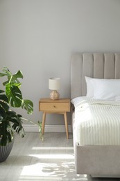 Photo of Stylish contemporary bedroom interior with houseplant and comfortable bed