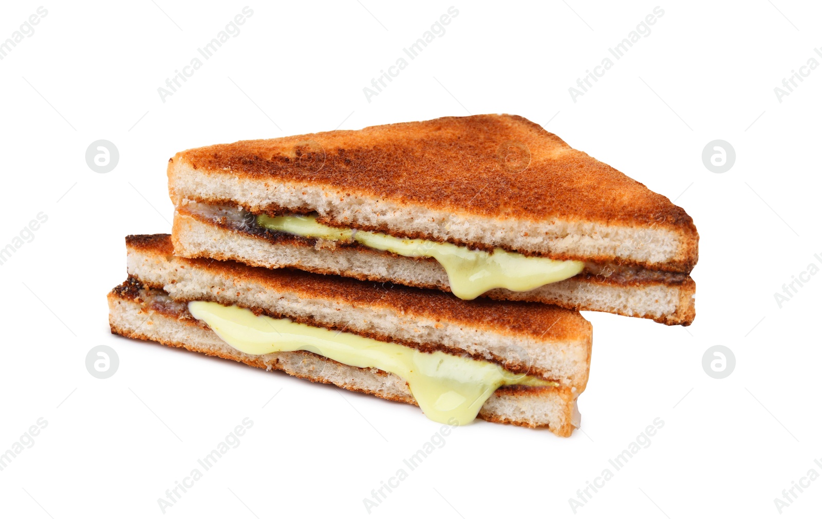 Photo of Pieces of toasted bread with melted cheese isolated on white