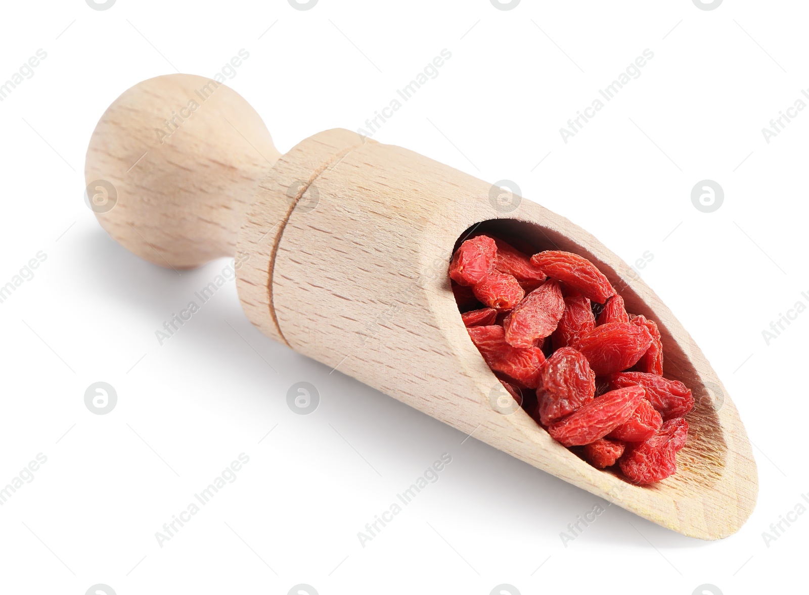 Photo of Dried goji berries in wooden scoop isolated on white