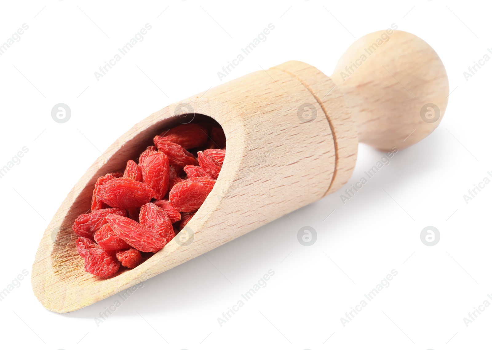 Photo of Dried goji berries in wooden scoop isolated on white