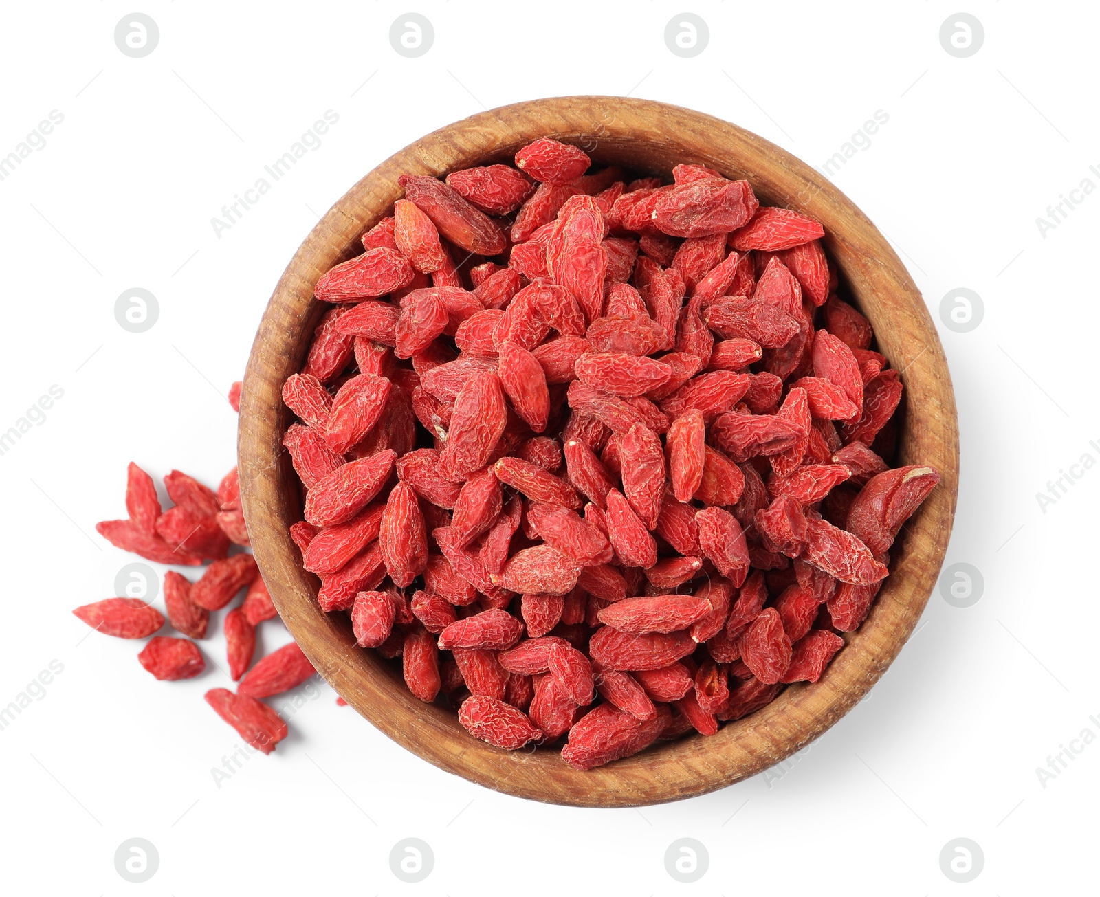 Photo of Dried goji berries in bowl isolated on white, top view