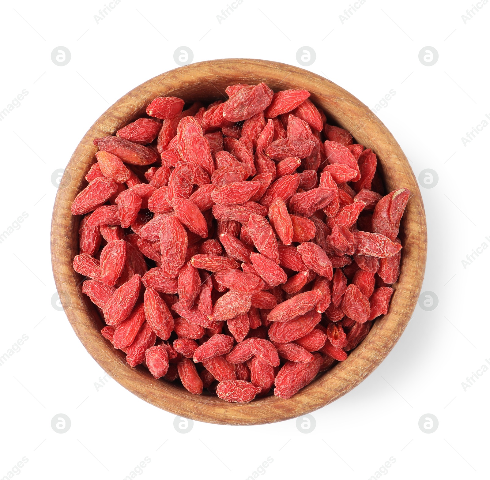 Photo of Dried goji berries in bowl isolated on white, top view