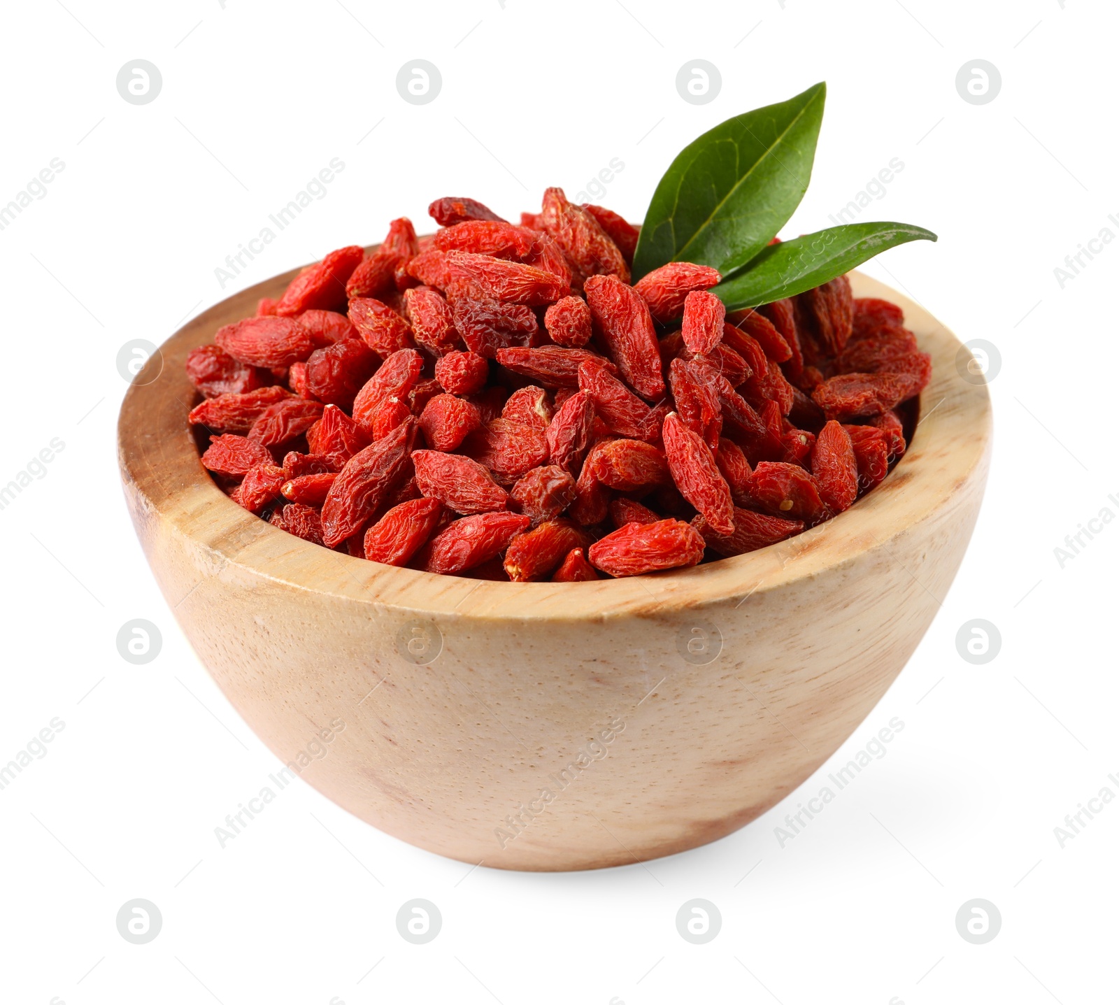 Photo of Dried goji berries and leaves in bowl isolated on white