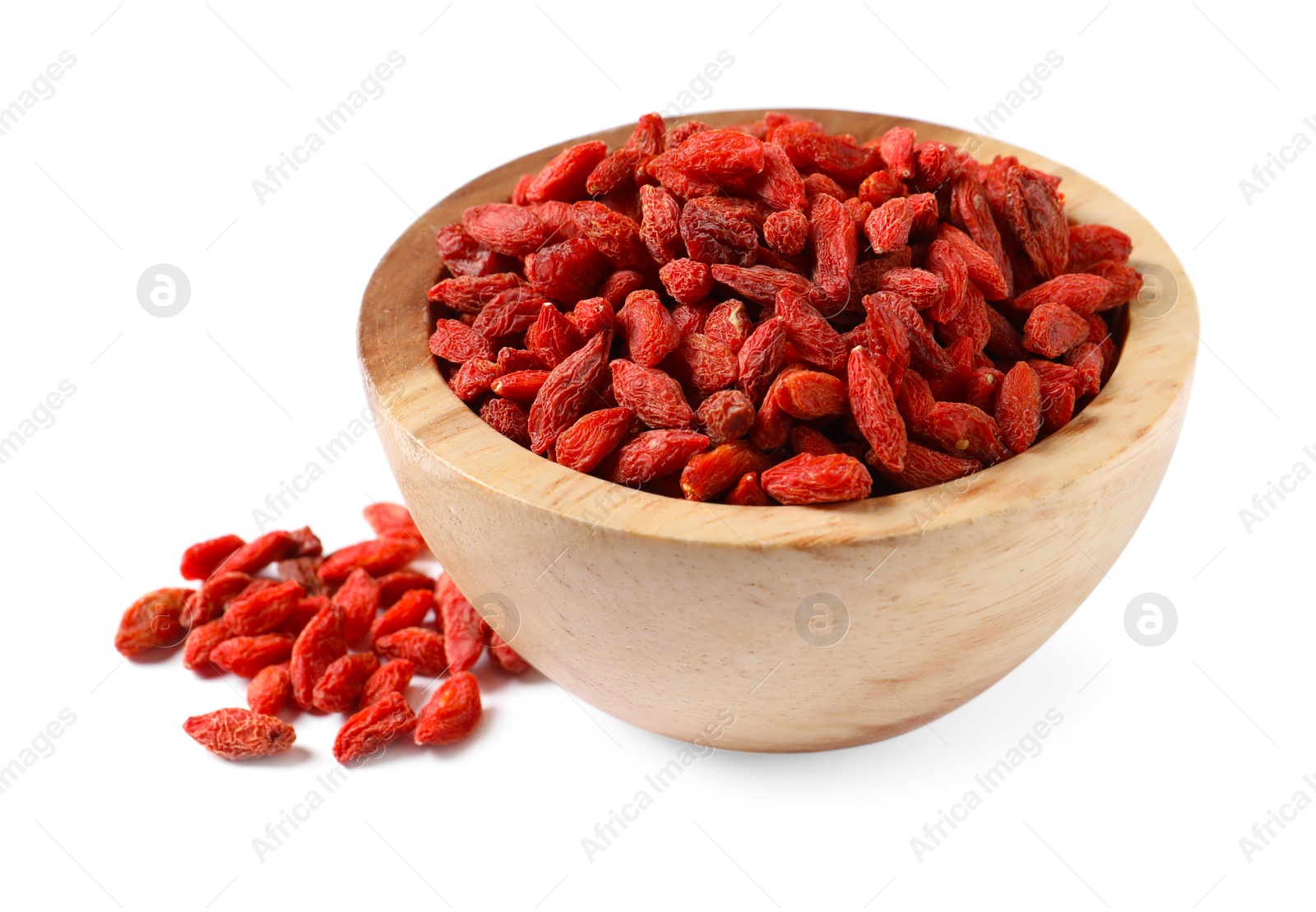 Photo of Dried goji berries in wooden bowl isolated on white