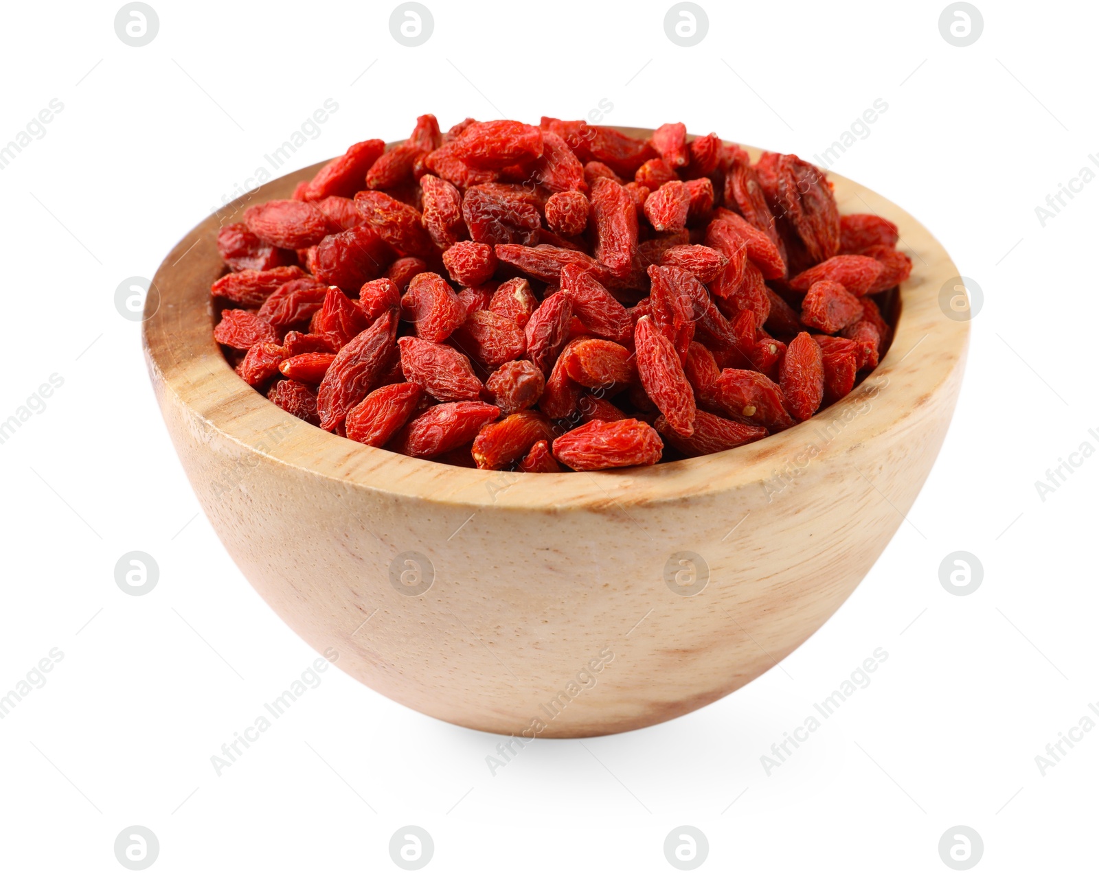 Photo of Dried goji berries in wooden bowl isolated on white