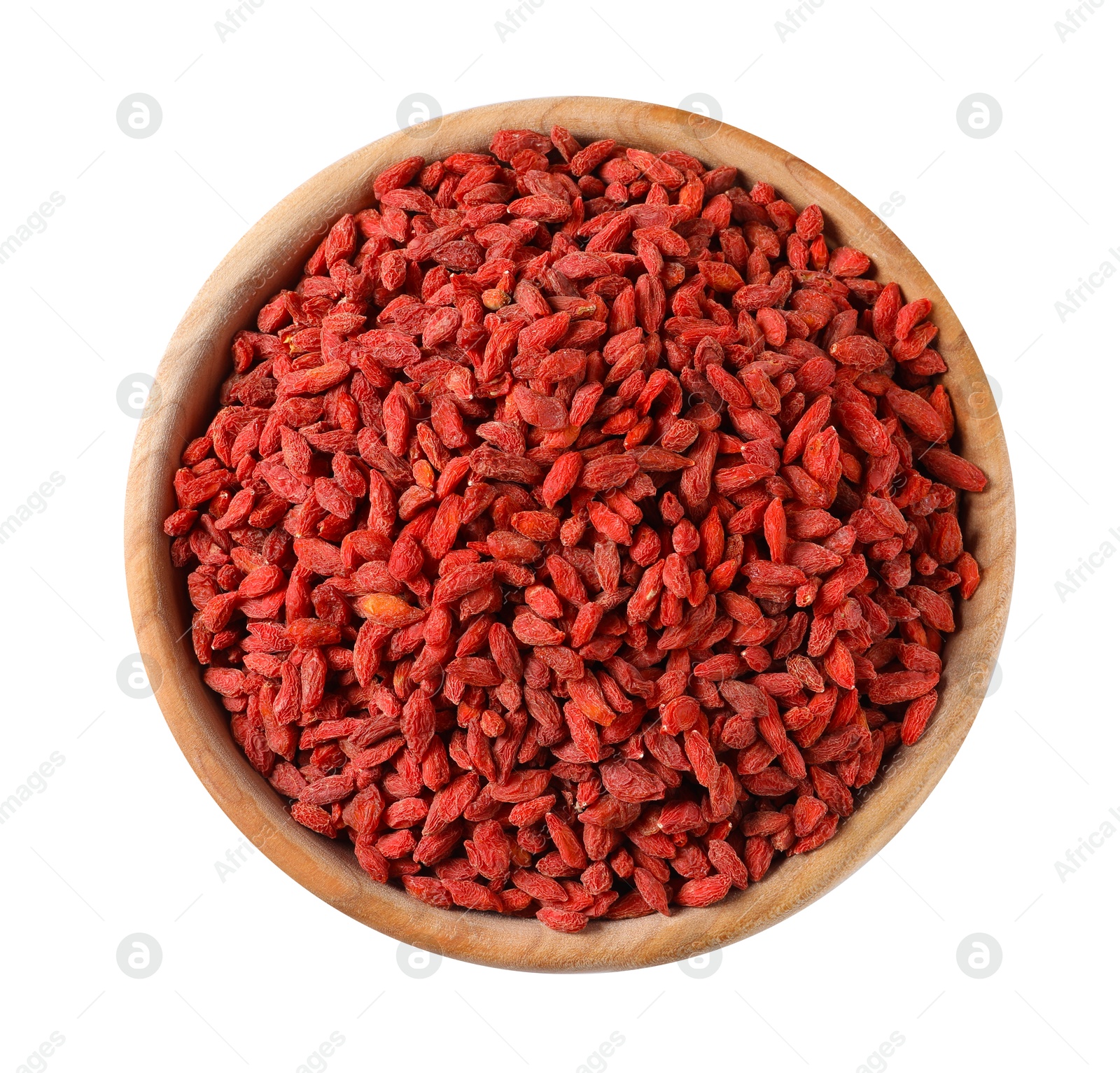 Photo of Dried goji berries in bowl isolated on white, top view