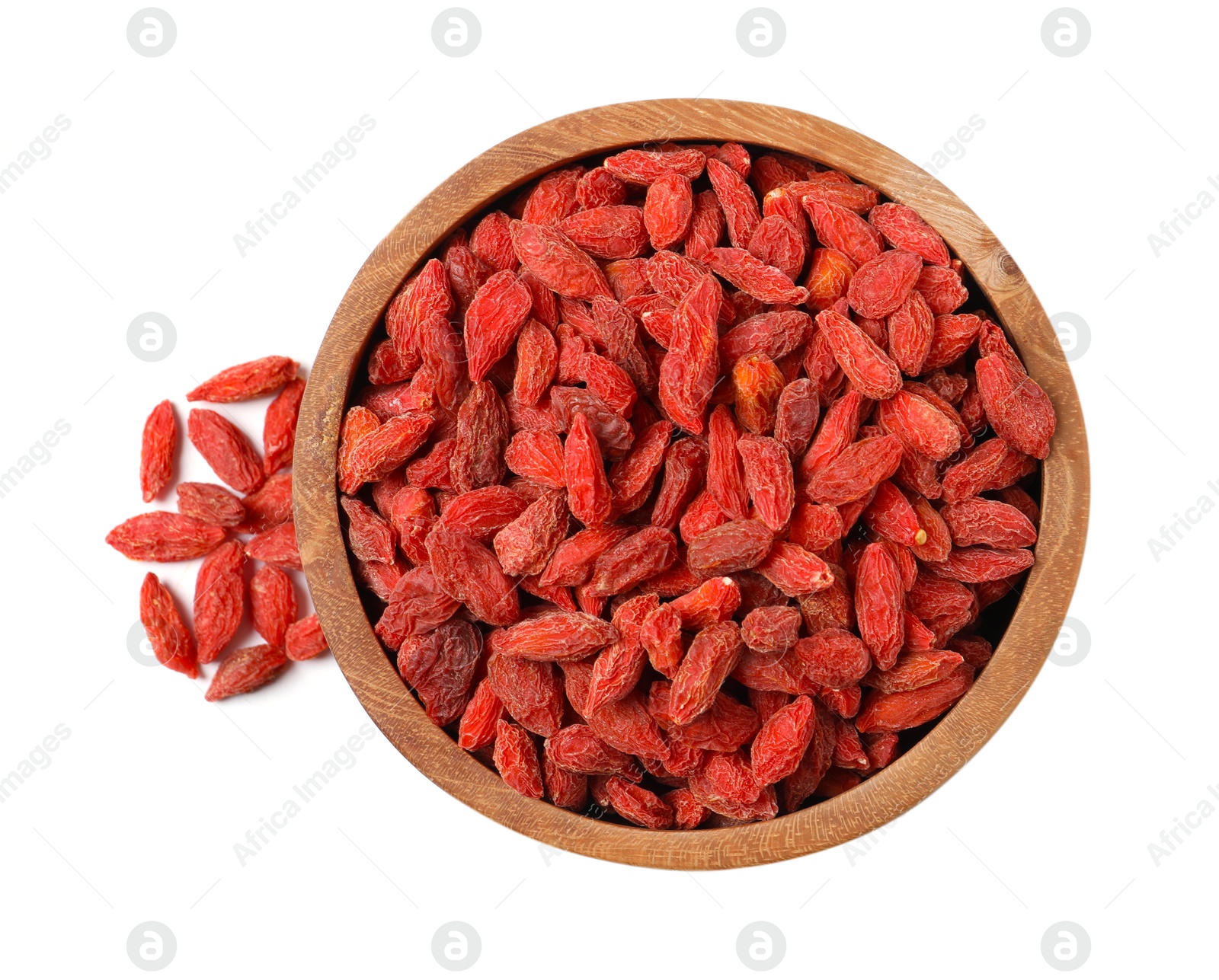 Photo of Dried goji berries in bowl isolated on white, top view