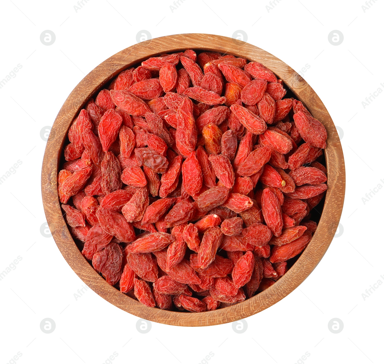 Photo of Dried goji berries in bowl isolated on white, top view