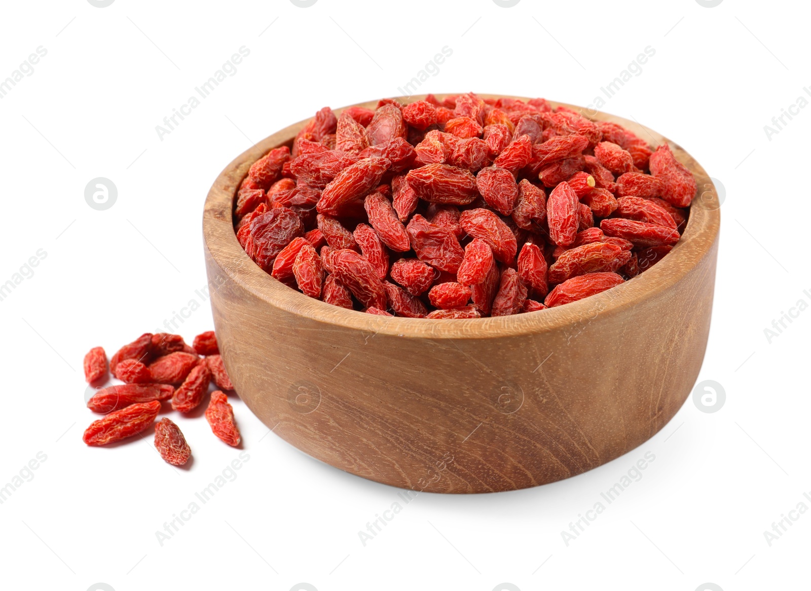 Photo of Dried goji berries in bowl isolated on white