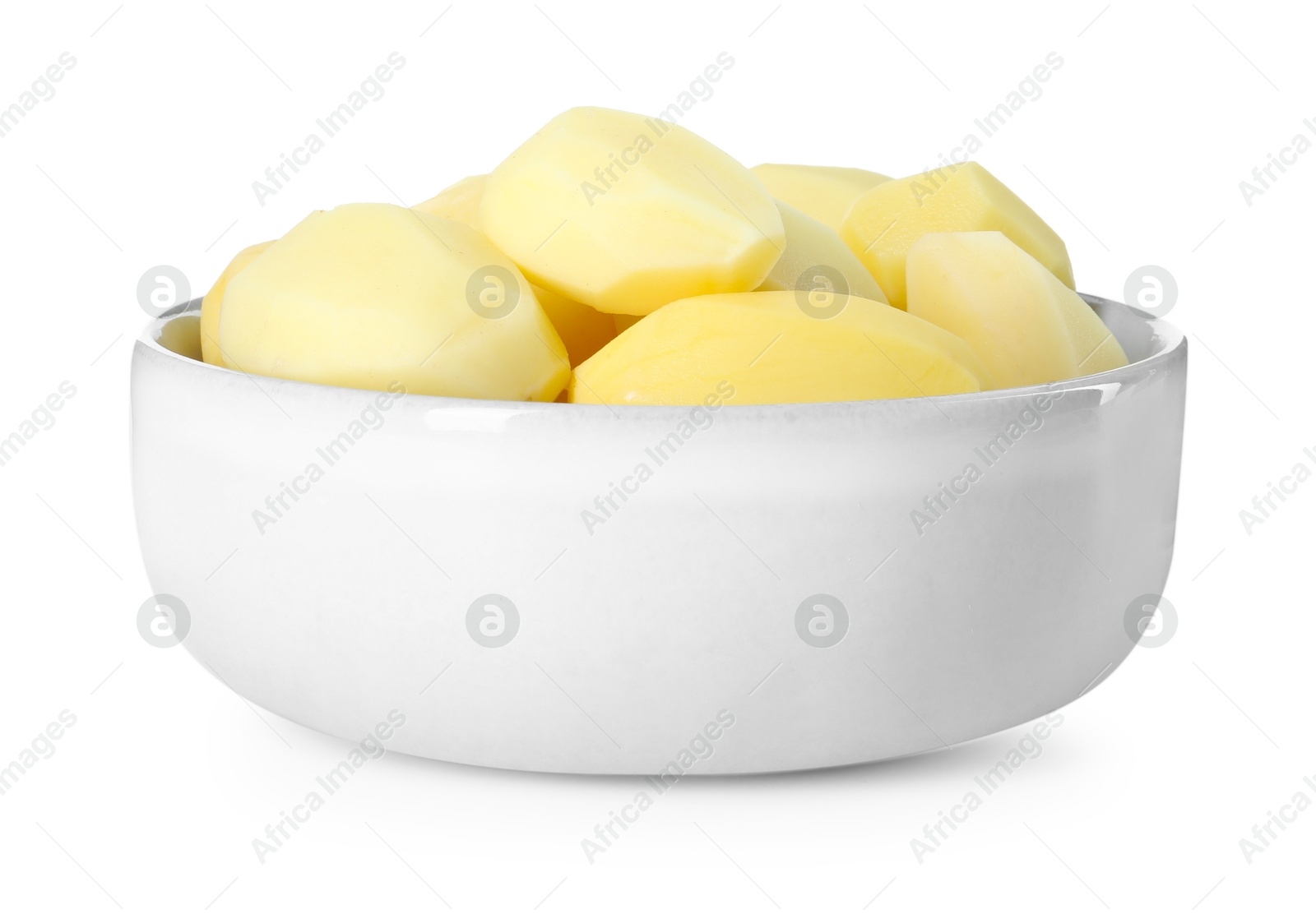 Photo of Fresh raw potatoes in bowl isolated on white