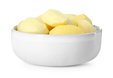 Fresh raw potatoes in bowl isolated on white