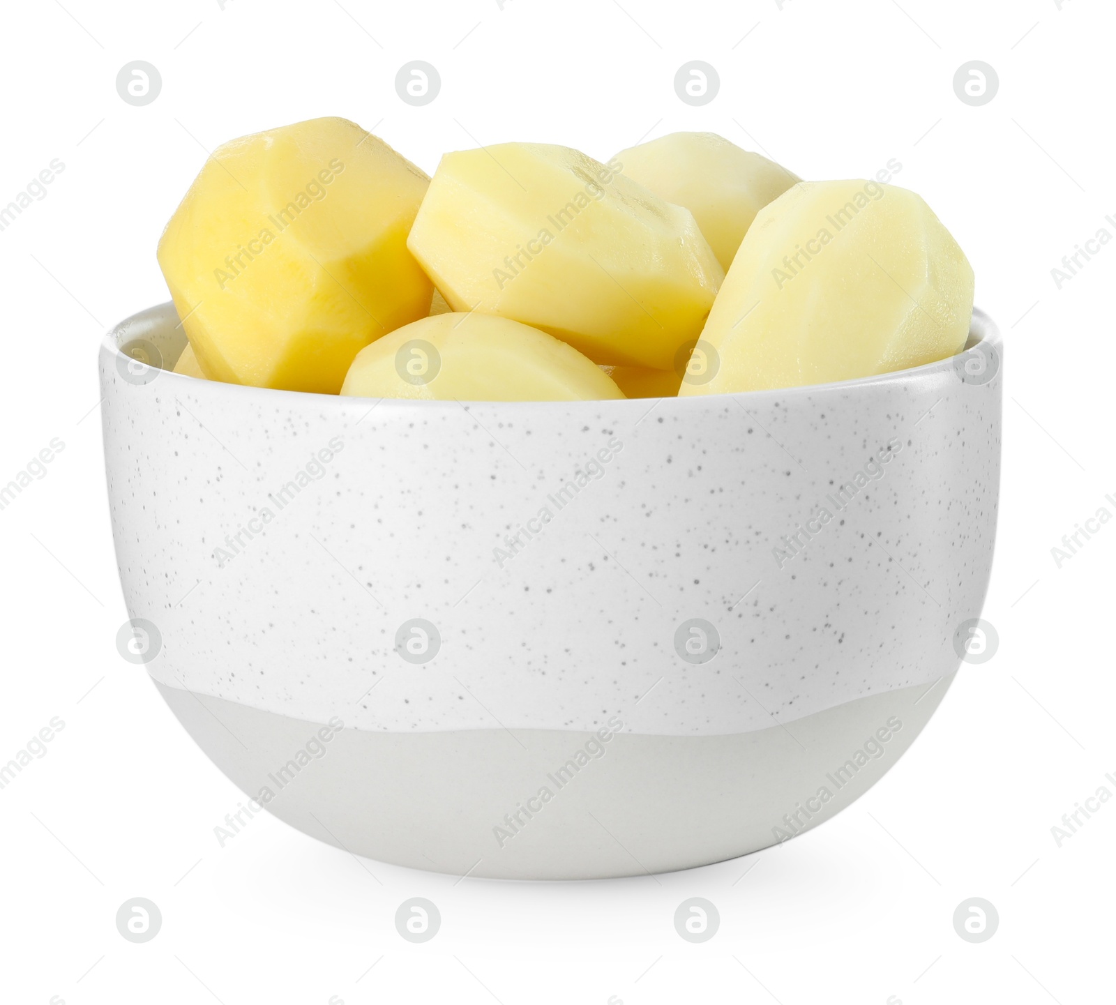 Photo of Fresh raw potatoes in bowl isolated on white