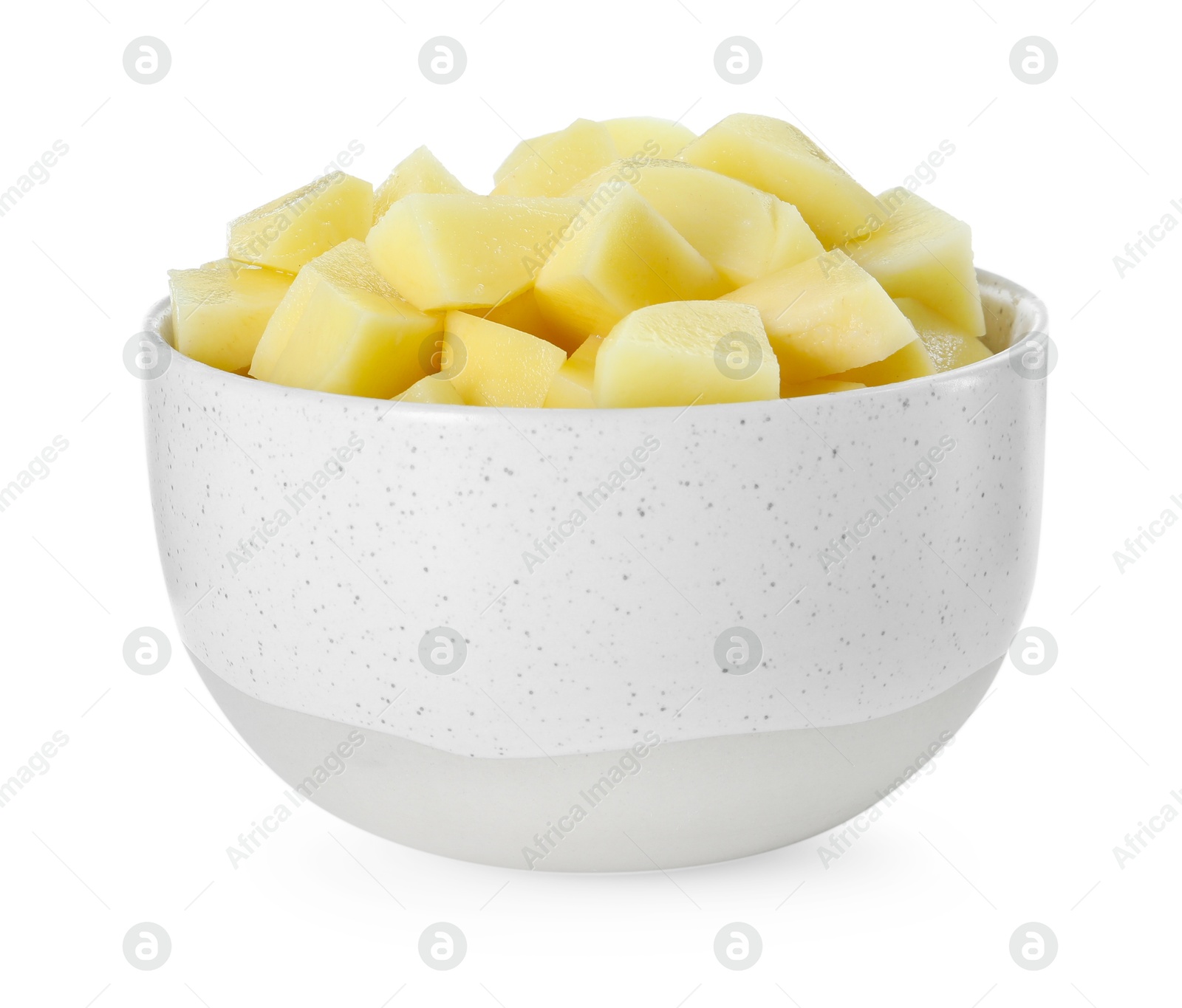 Photo of Fresh raw potatoes in bowl isolated on white