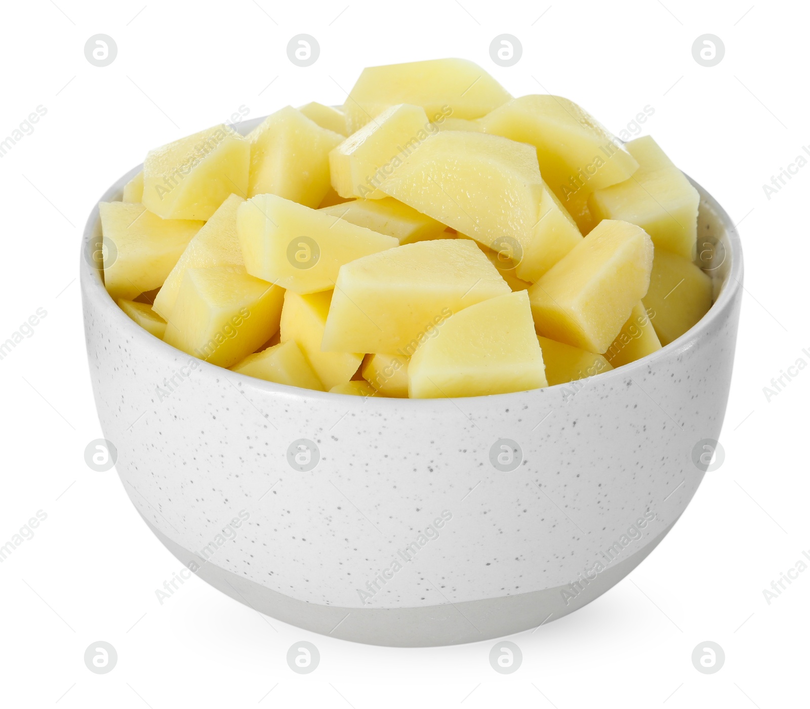 Photo of Fresh raw potatoes in bowl isolated on white