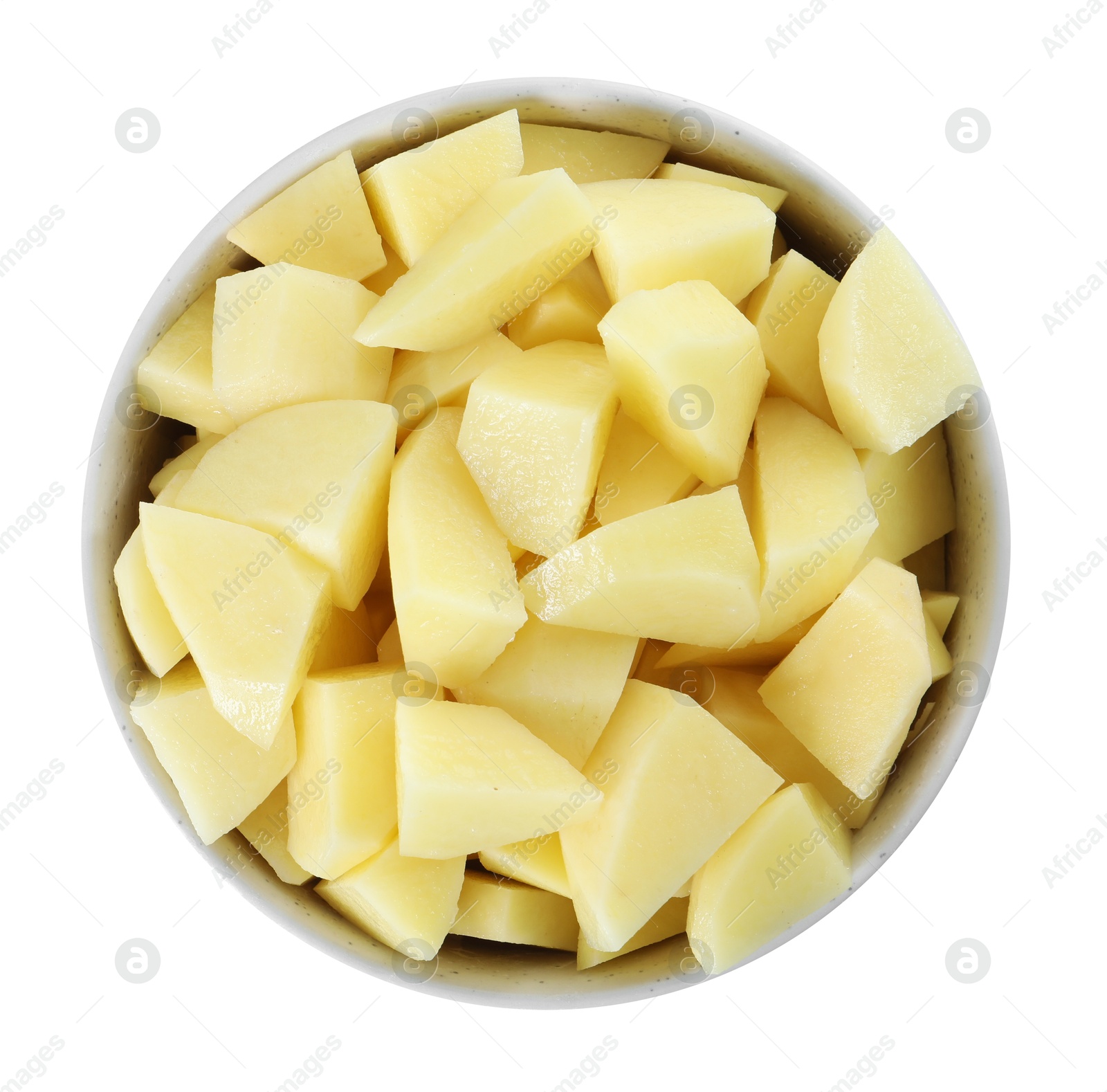 Photo of Fresh raw potatoes in bowl isolated on white, top view