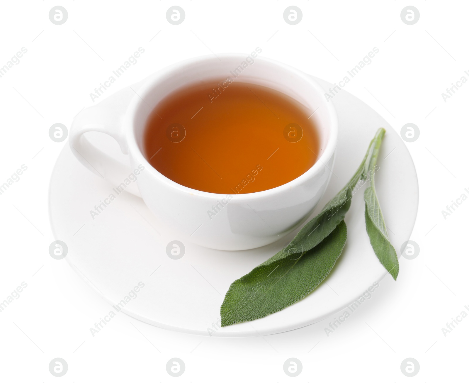 Photo of Aromatic herbal tea in cup with sage isolated on white