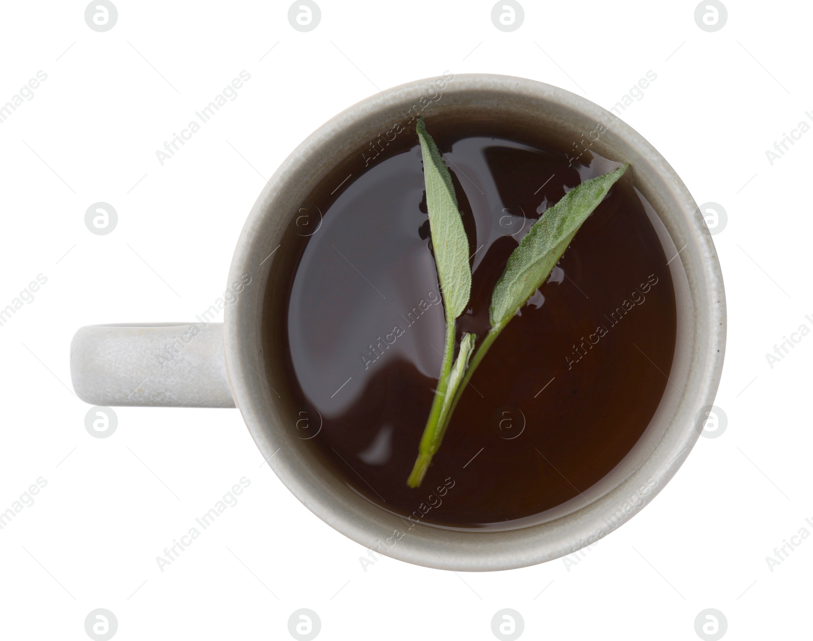 Photo of Aromatic herbal tea with sage in cup isolated on white, top view