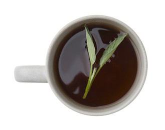 Aromatic herbal tea with sage in cup isolated on white, top view