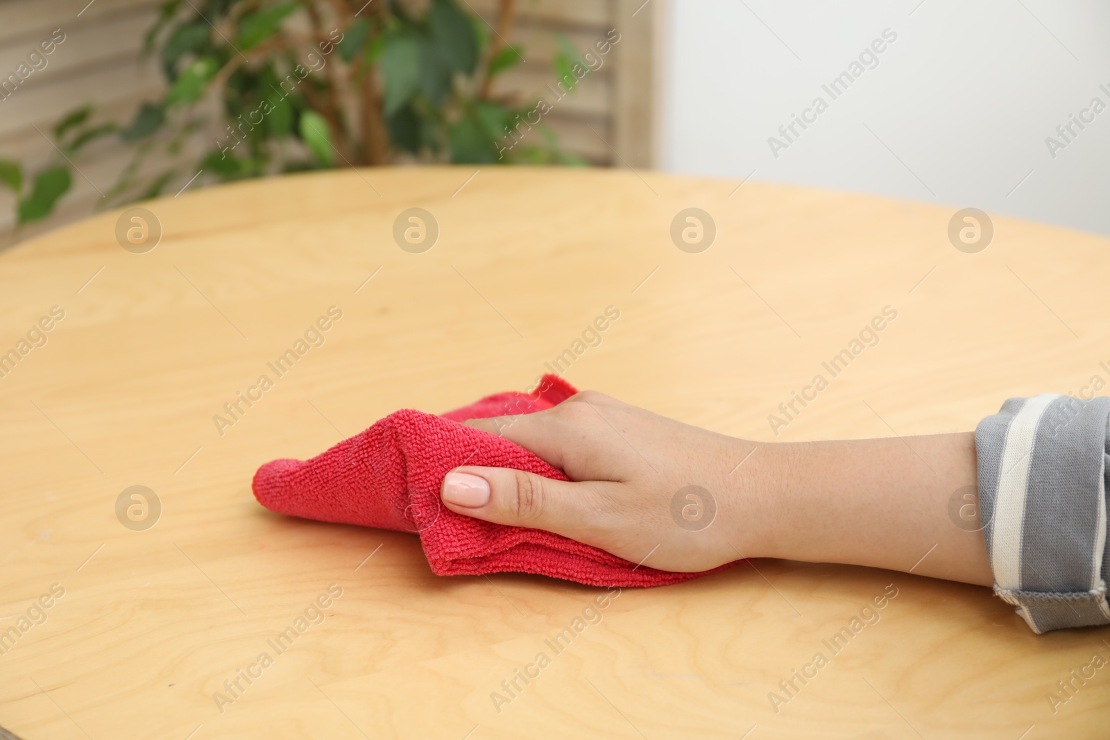 Photo of Woman wiping coffee table with rag indoors, closeup