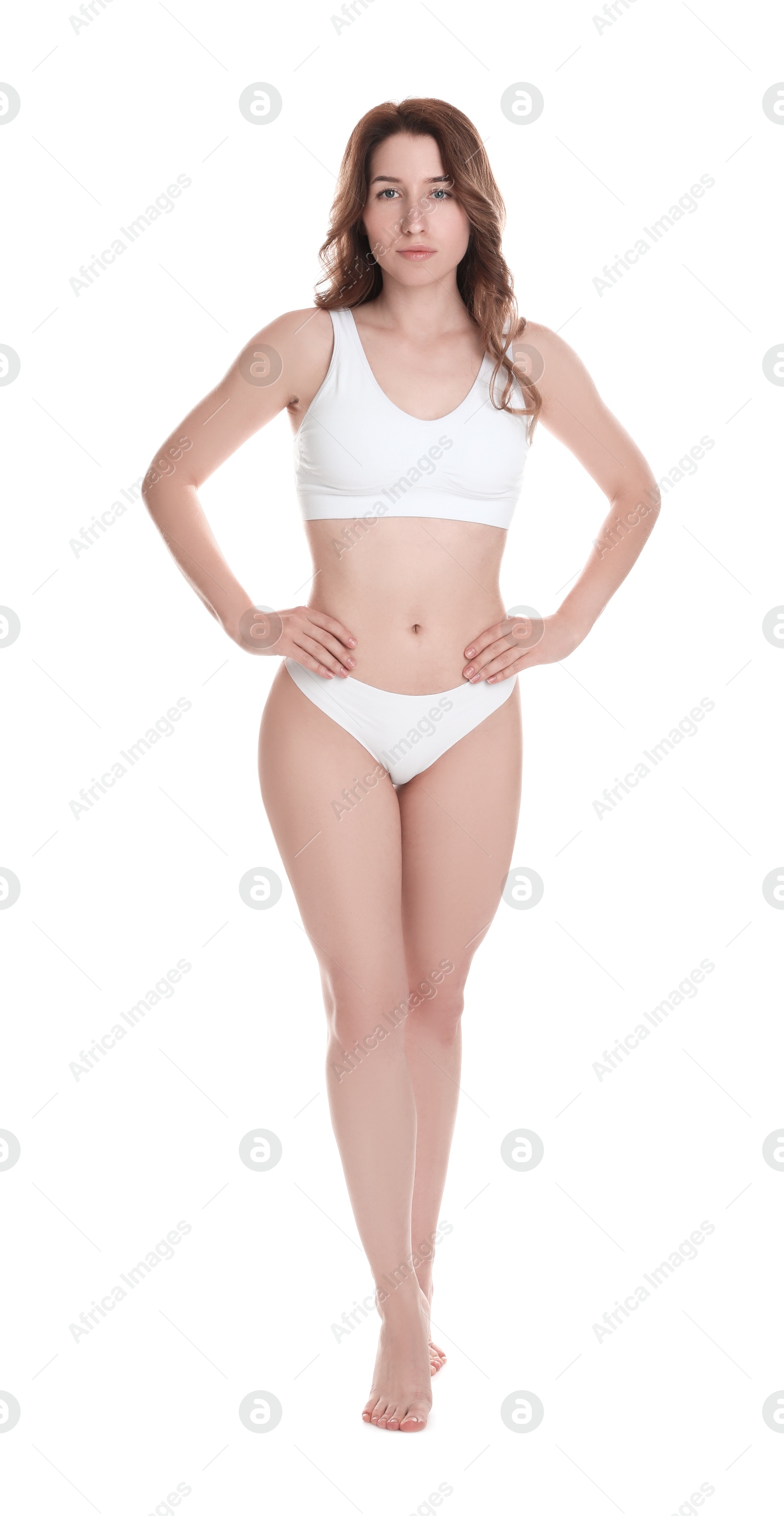 Photo of Woman with slim body posing on white background