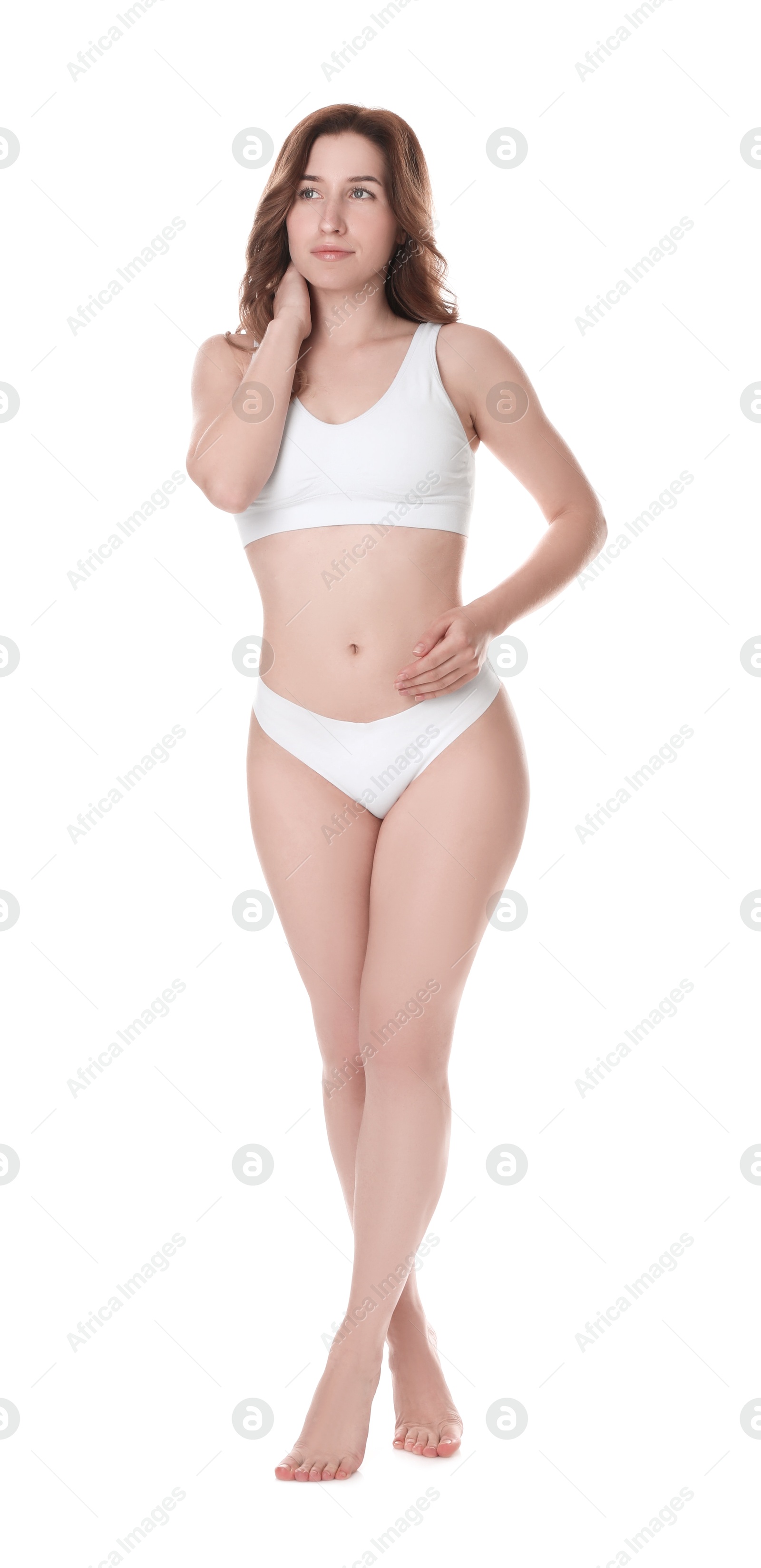 Photo of Woman with slim body posing on white background