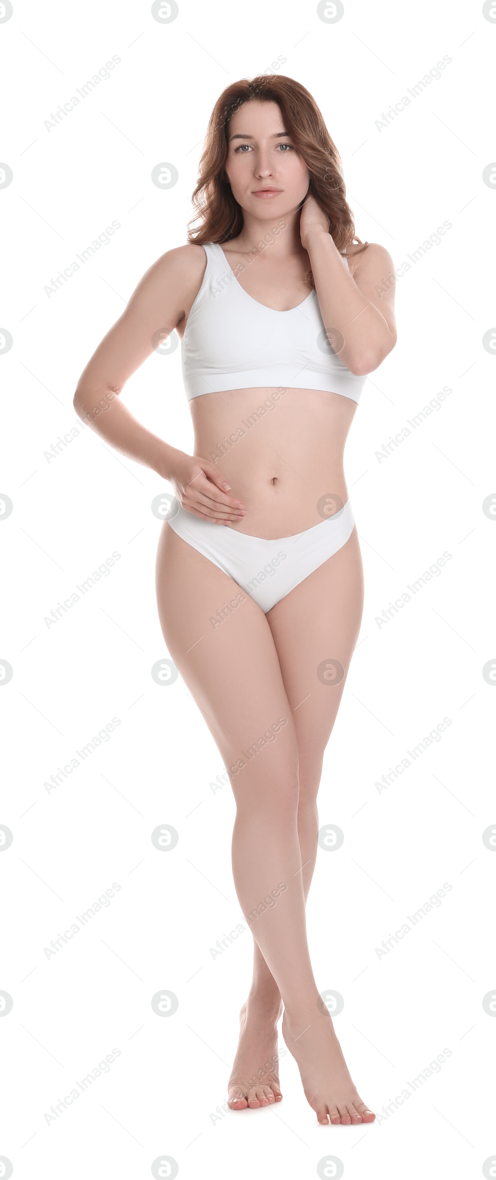 Photo of Woman with slim body posing on white background