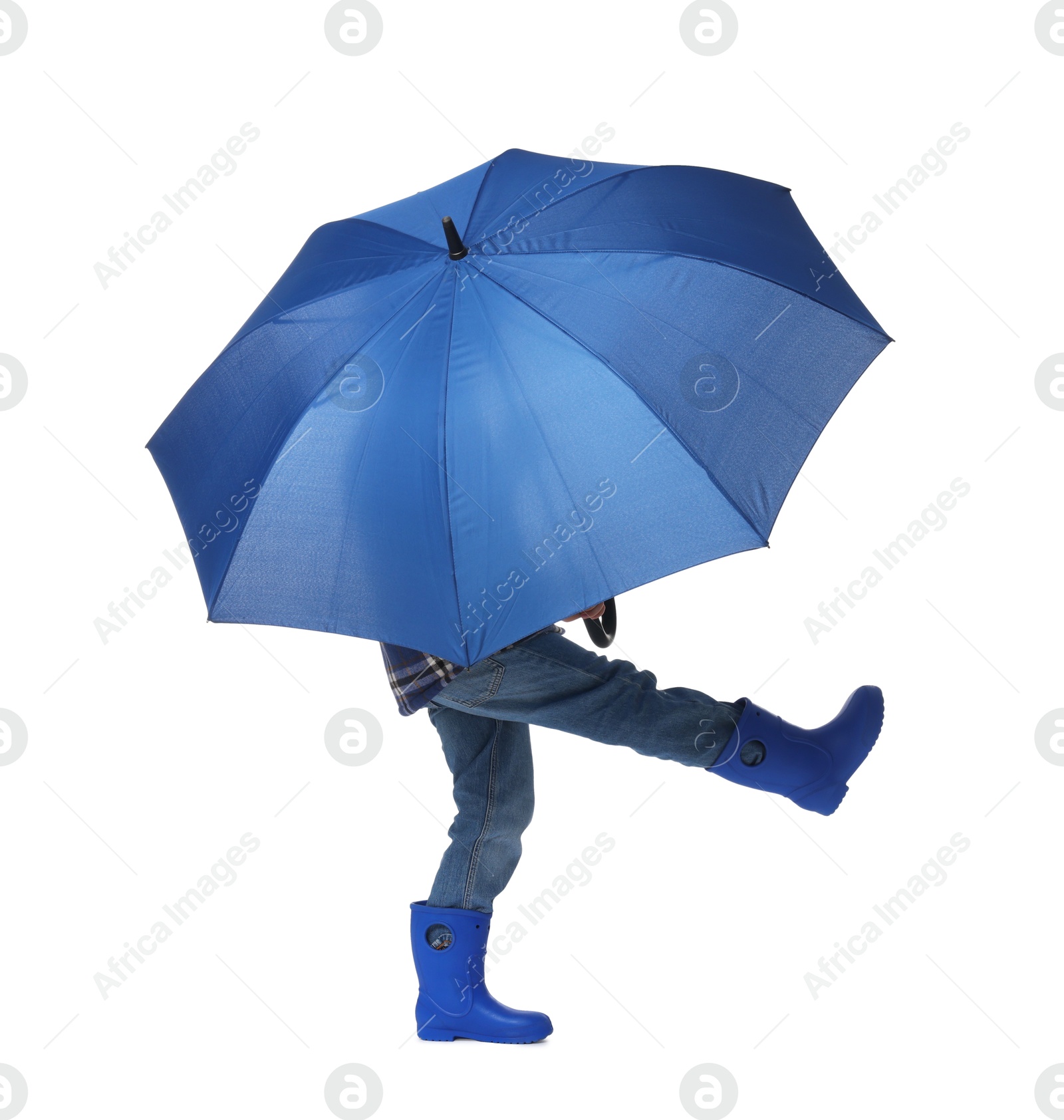 Photo of Little boy with blue umbrella on white background