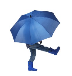 Photo of Little boy with blue umbrella on white background