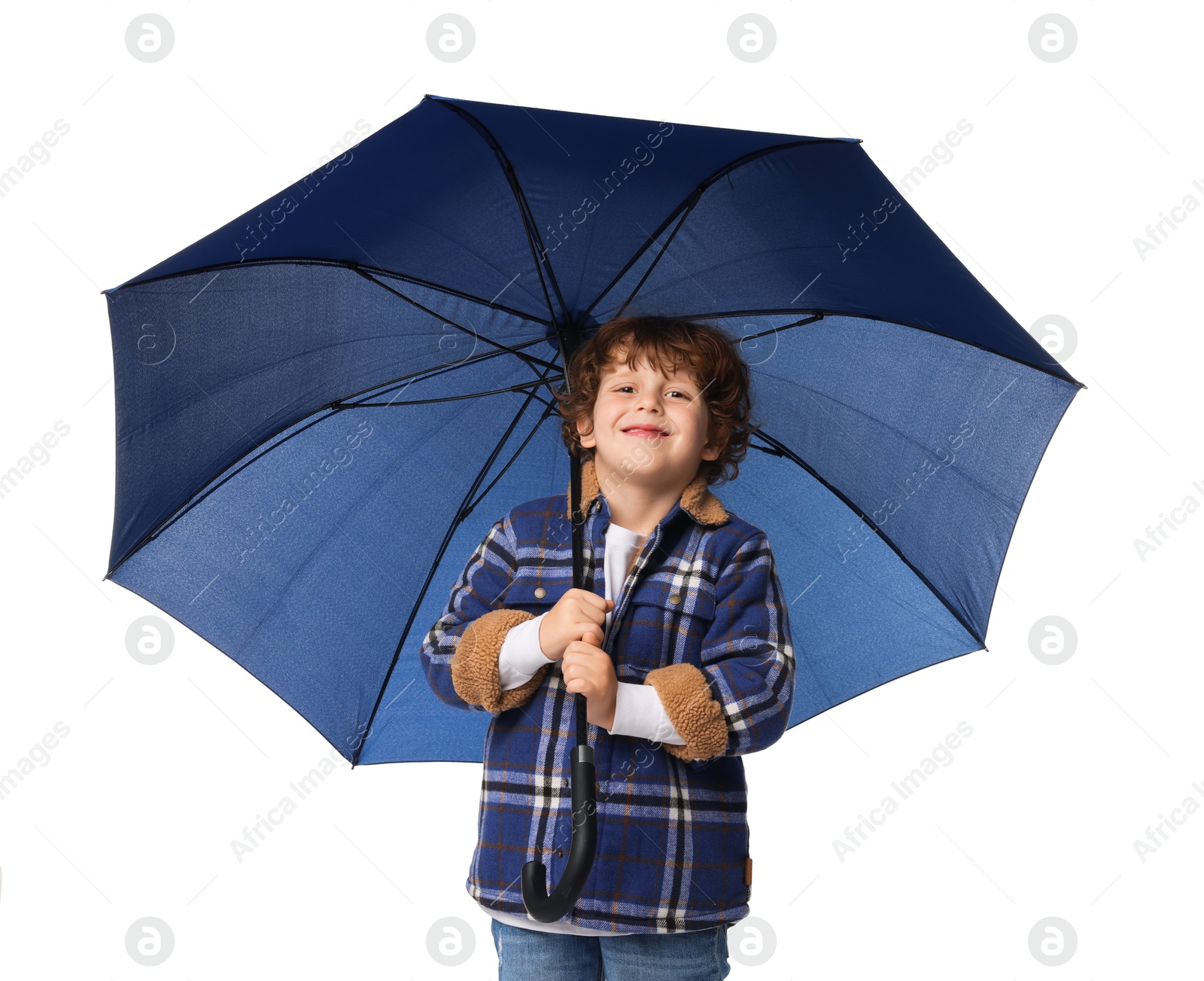 Photo of Little boy with blue umbrella on white background