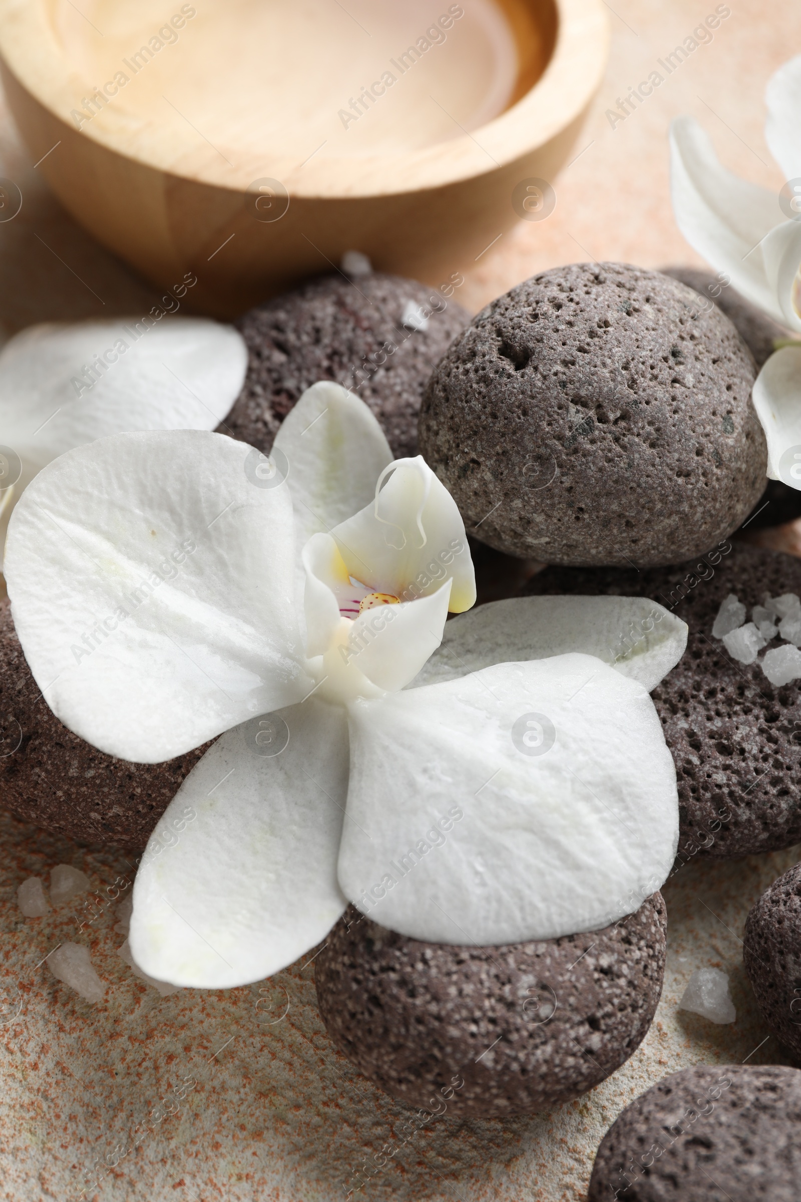 Photo of Spa stones, sea salt and beautiful orchid flowers on beige textured surface, closeup